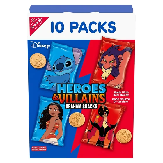 Nabisco Disney Heroes and Villains Graham Snacks, Custom Cookies Variety Pack, 10 snack packs, 1 oz each